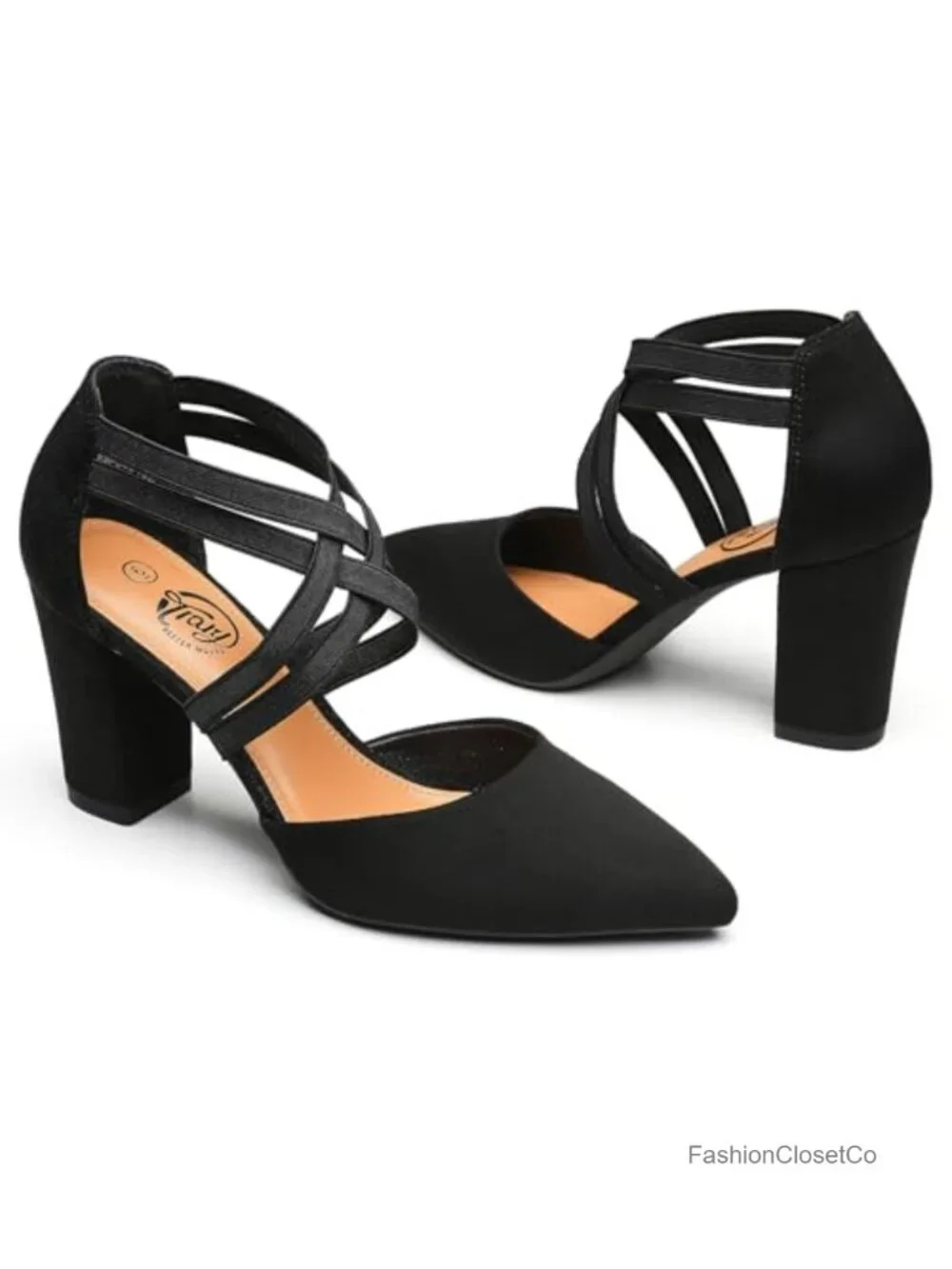 Women's Chunky Block Heel Pumps Pointed Toe Crisscross Strappy Suede Dress